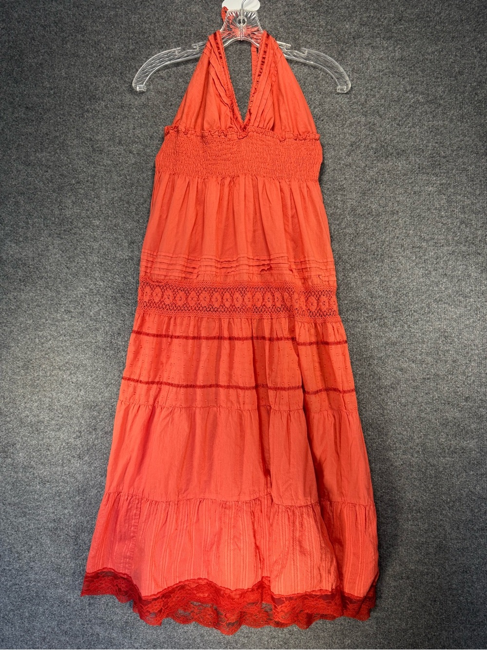 Coral Halter Maxi Dress with Lace Accents - smocked tiered crochet